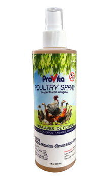 A bottle of Provita Poultry Spray, which is designed for the health of poultry, with a label showing chickens and a spray nozzle.