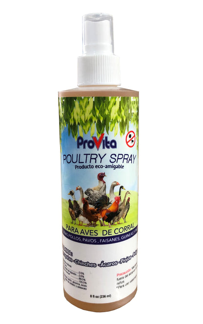 A bottle of Provita Poultry Spray, which is designed for the health of poultry, with a label showing chickens and a spray nozzle.
