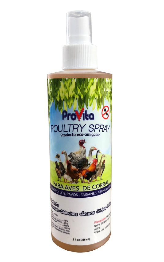 A bottle of Provita Poultry Spray, which is designed for the health of poultry, with a label showing chickens and a spray nozzle.